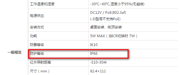 攝像機防護等級參數